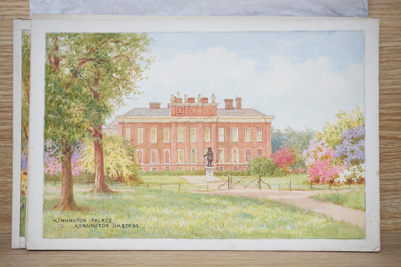 William Affleck, (Aka Carruthers, 1868-1943), a set of three original watercolours for postcard designs, London Palaces comprising; ‘The Gardens, Hampton Court’, ‘Kensington Gardens’ and ‘Buckingham Palace’, two inscribe